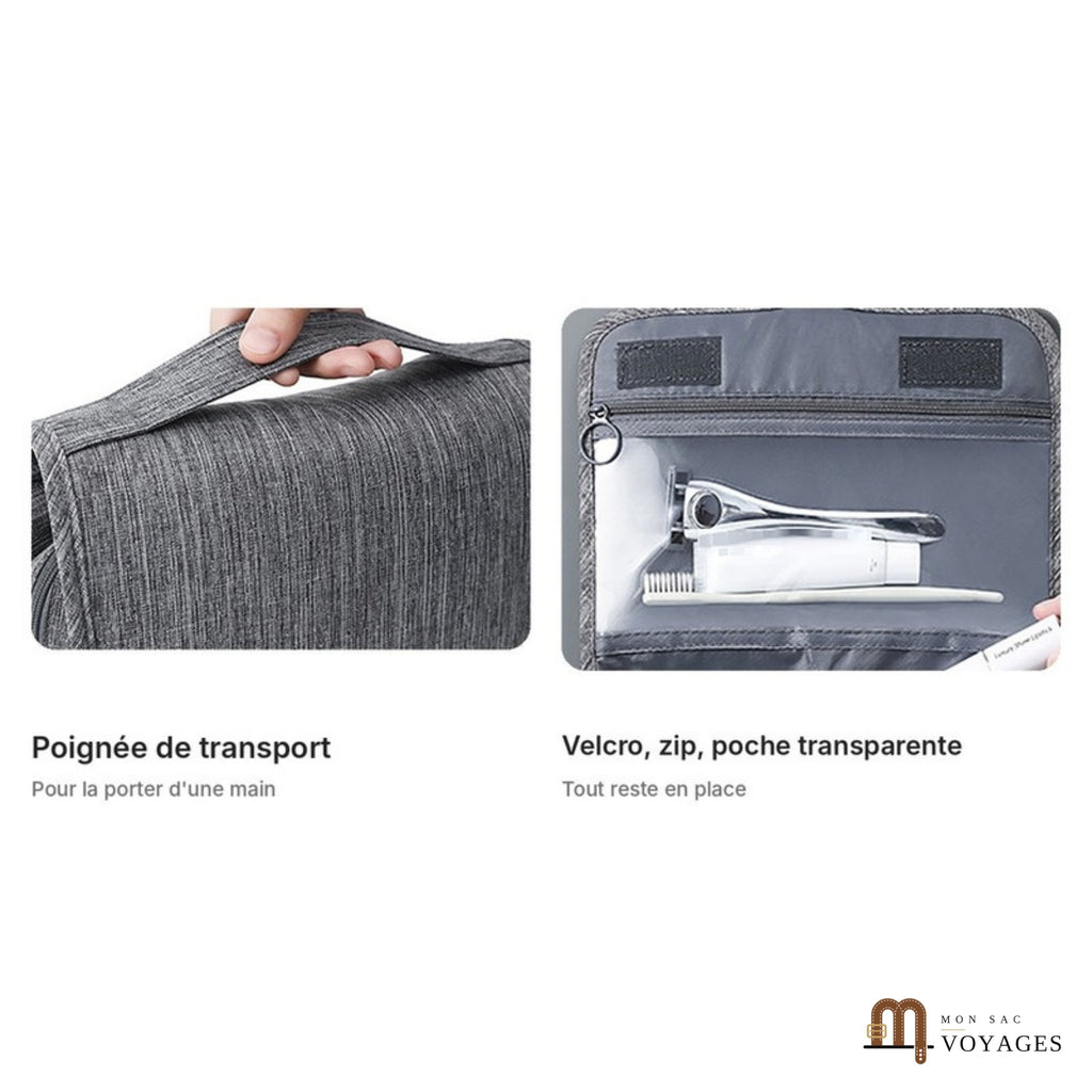 Détails de la trousse Escale : poignée de transport, velcro, zip et poche transparente