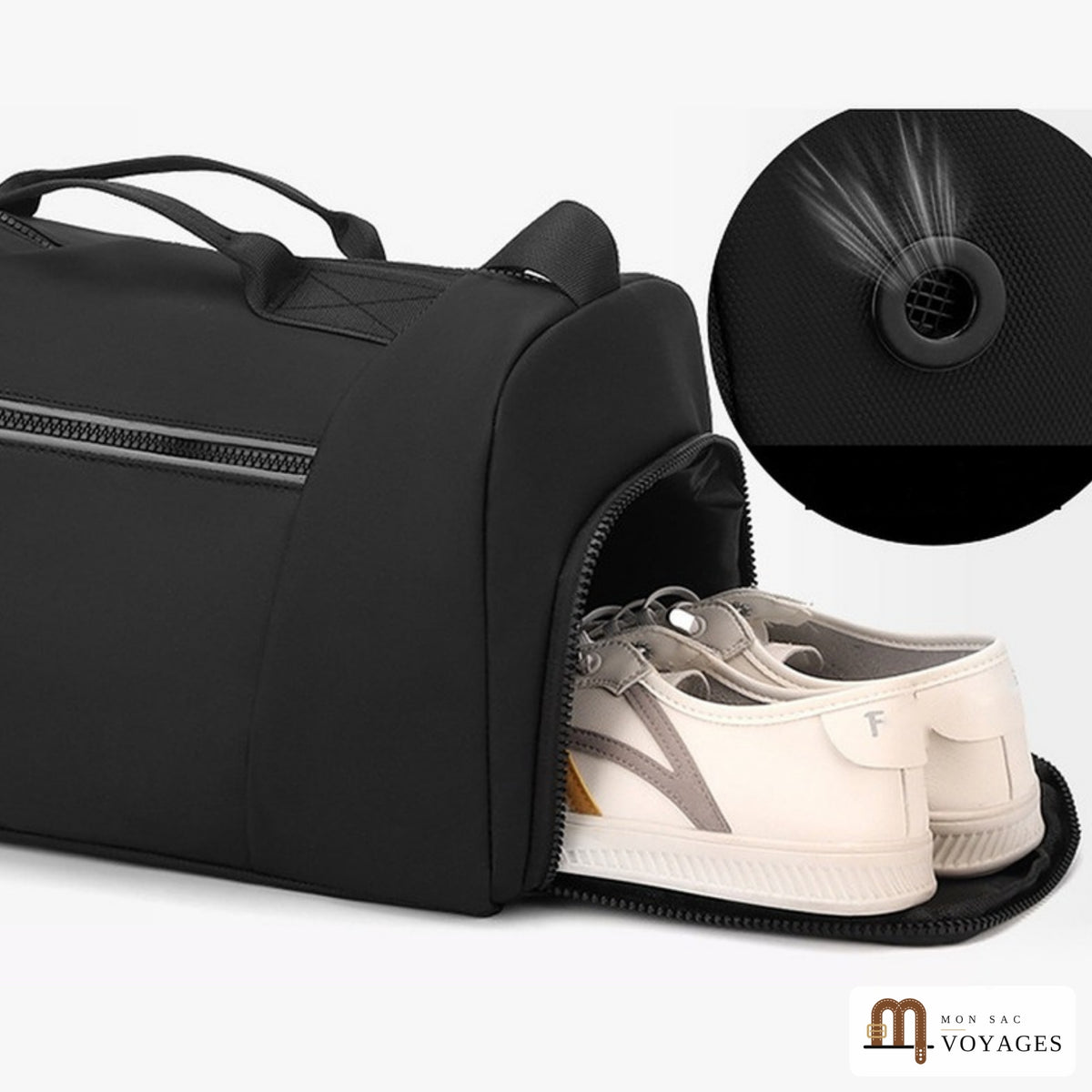 Compartiment chaussures latéral du sac polochon Zénith, avec orifices d'aération