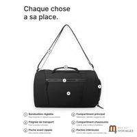 Les compartiments du sac polochon Zénith : poche avant, compartiment principal, compartiment chaussures