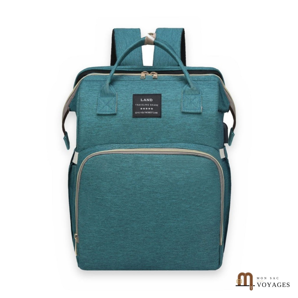 Sac à langer sac à dos Nid vert canard avec lit bébé pliable, sur fond blanc