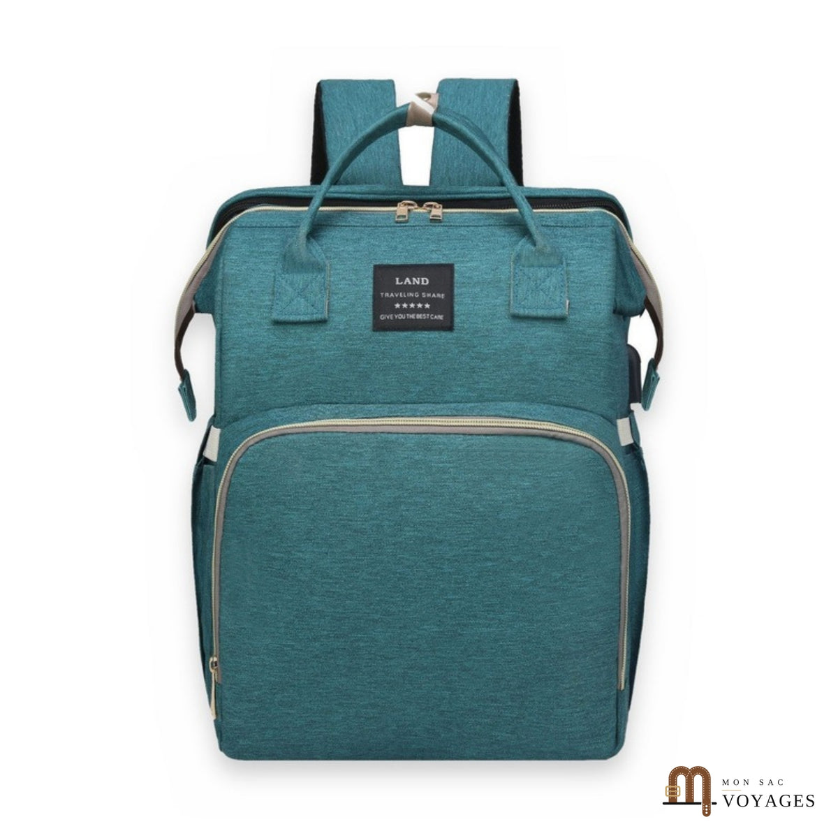 Sac à langer sac à dos Nid vert canard avec lit bébé pliable, sur fond blanc