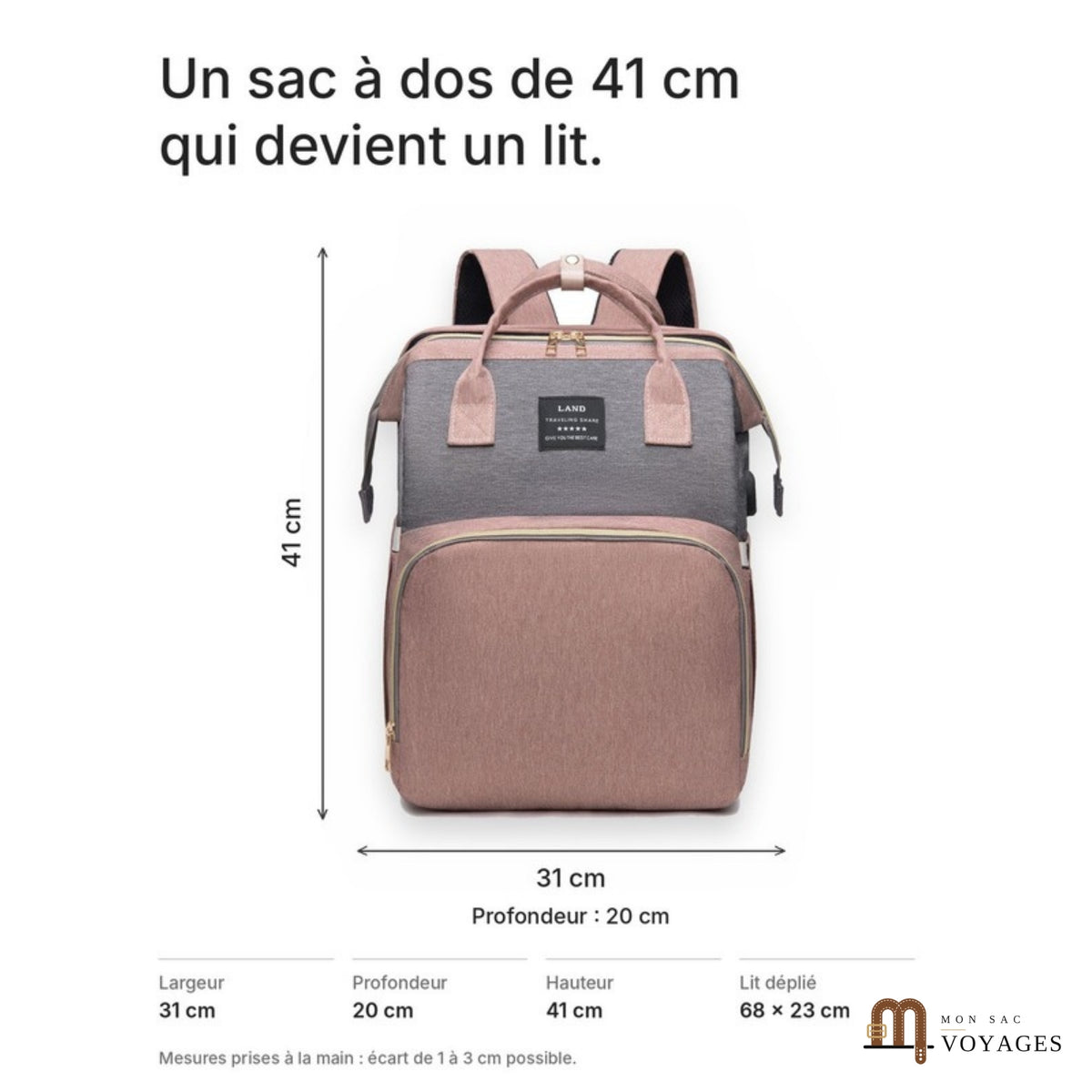 Dimensions du sac à langer Nid : 31 x 20 x 41 cm, lit déplié 68 x 23 cm