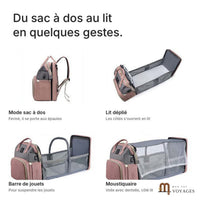 Les 4 modes du sac Nid : sac à dos, lit déplié, barre de jouets, moustiquaire