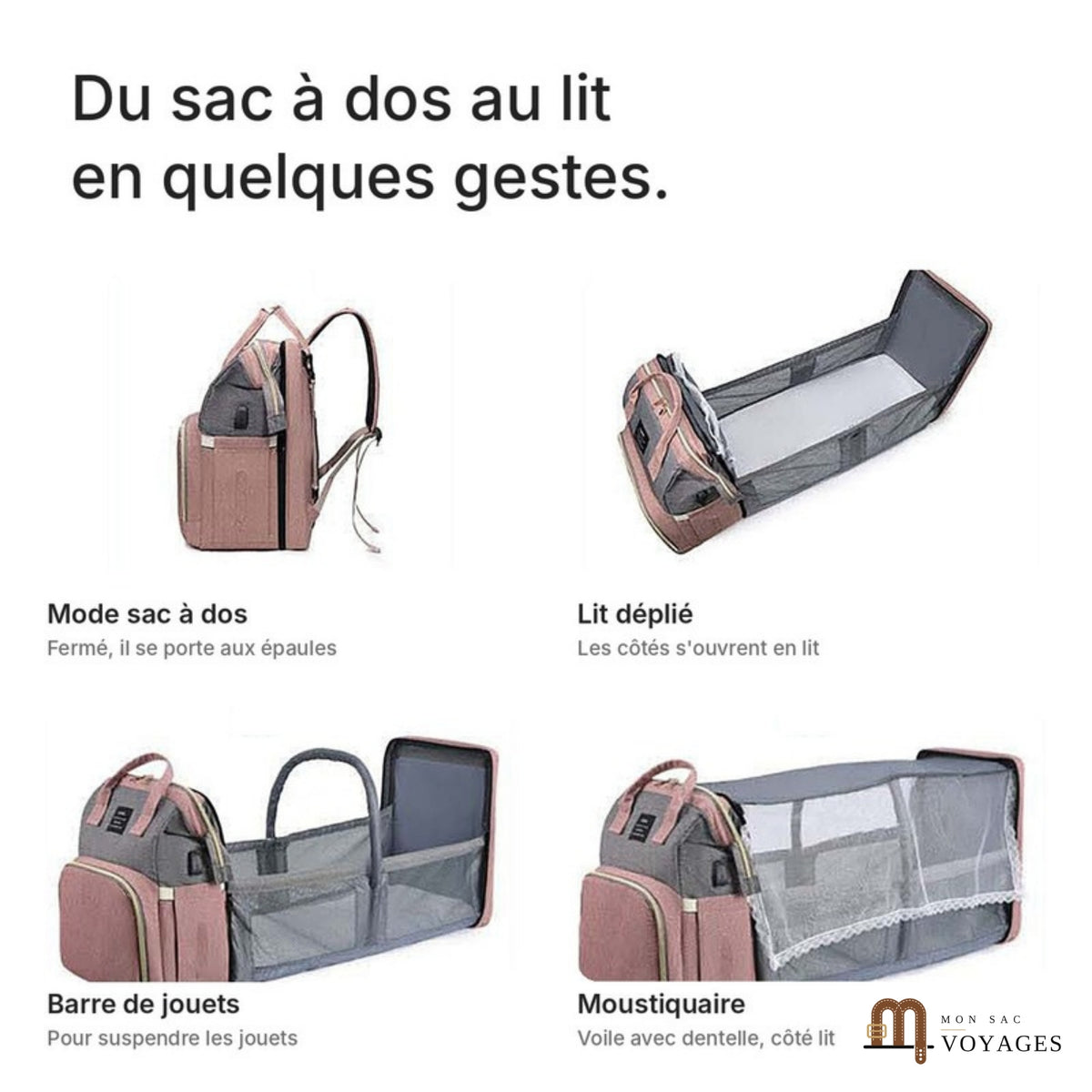 Les 4 modes du sac Nid : sac à dos, lit déplié, barre de jouets, moustiquaire