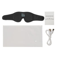 Masque de sommeil Bluetooth Berceuse noir avec ses trois boutons, pochette zippée, câble USB et notice