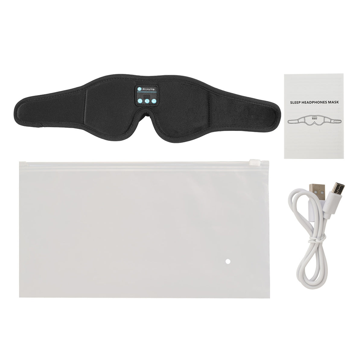 Masque de sommeil Bluetooth Berceuse noir avec ses trois boutons, pochette zippée, câble USB et notice