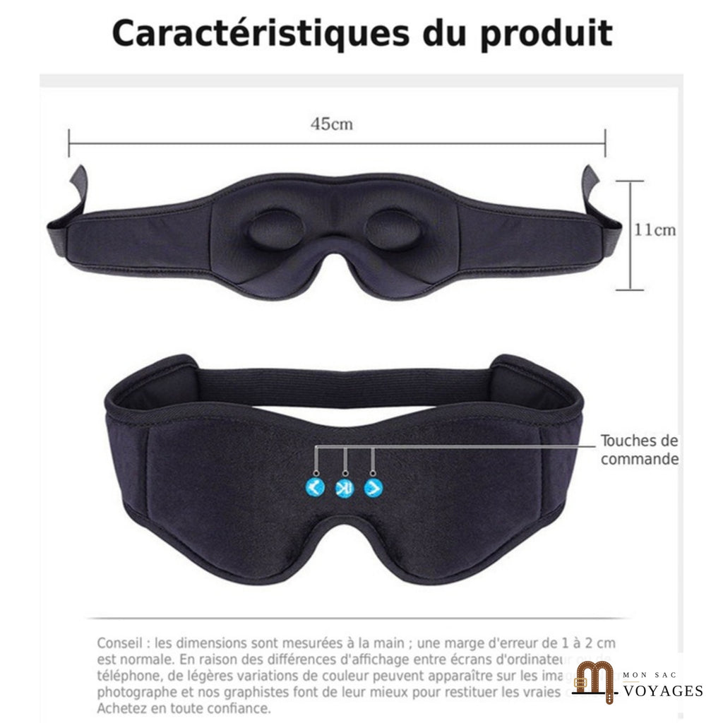 Dimensions et touches de commande du masque de sommeil Bluetooth Berceuse : environ 45 cm sur 11 cm