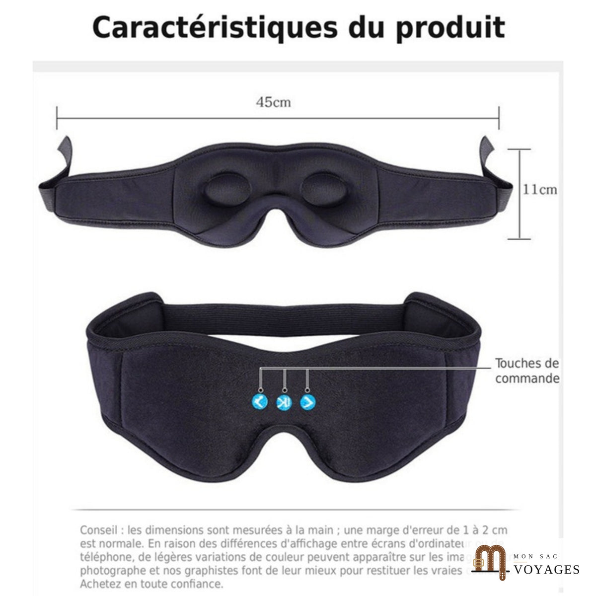 Dimensions et touches de commande du masque de sommeil Bluetooth Berceuse : environ 45 cm sur 11 cm