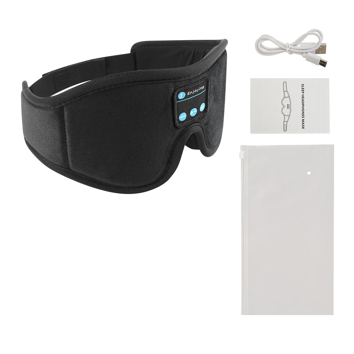 Masque de sommeil Bluetooth Berceuse noir avec ses boutons de commande, câble de charge USB, notice et pochette, sur fond blanc