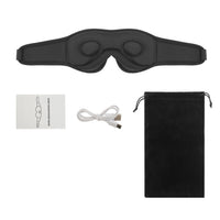 Masque de sommeil Bluetooth Berceuse noir vu de face avec ses coques 3D, notice, câble USB et pochette en velours