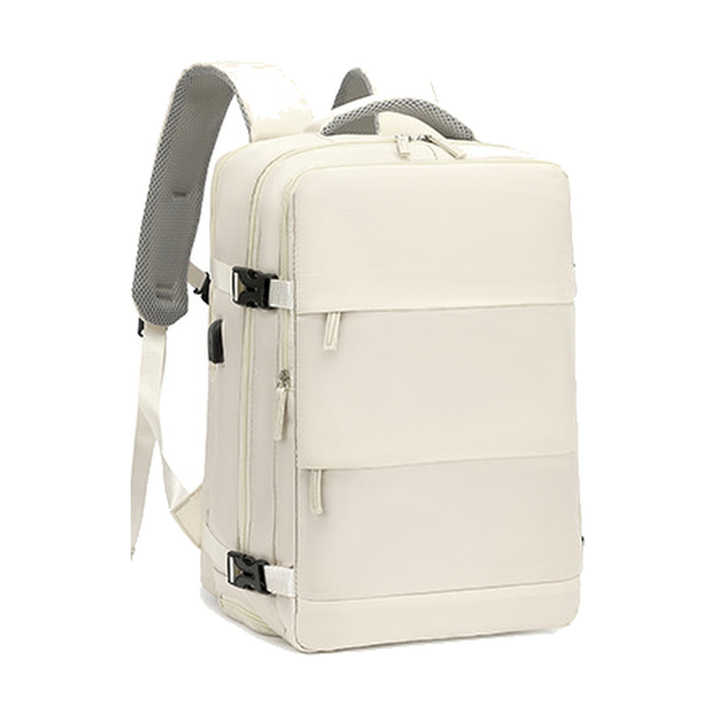Sac à dos de voyage Azur beige vu de trois quarts avec ses bretelles en maille