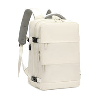 Sac à dos de voyage Azur beige vu de trois quarts avec ses bretelles en maille