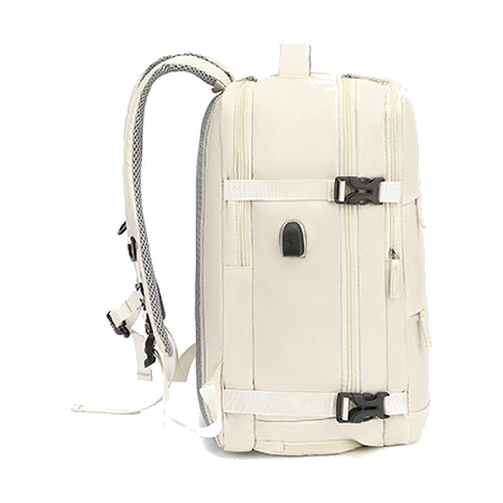 Sac à dos de voyage Azur beige vu de profil avec port USB et sangles à clips