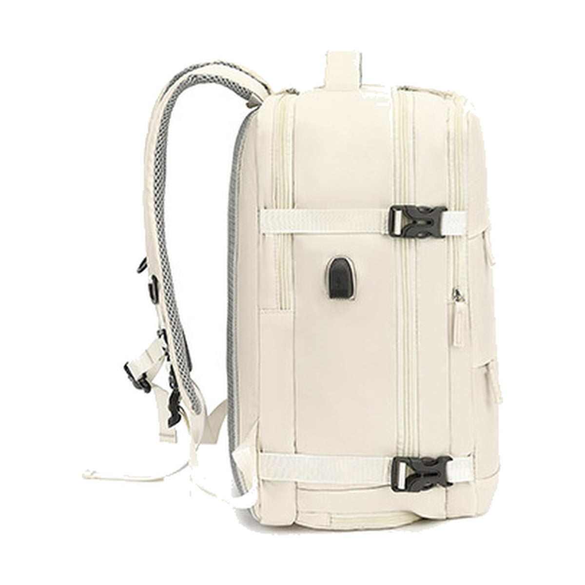 Sac à dos de voyage Azur beige vu de profil avec port USB et sangles à clips