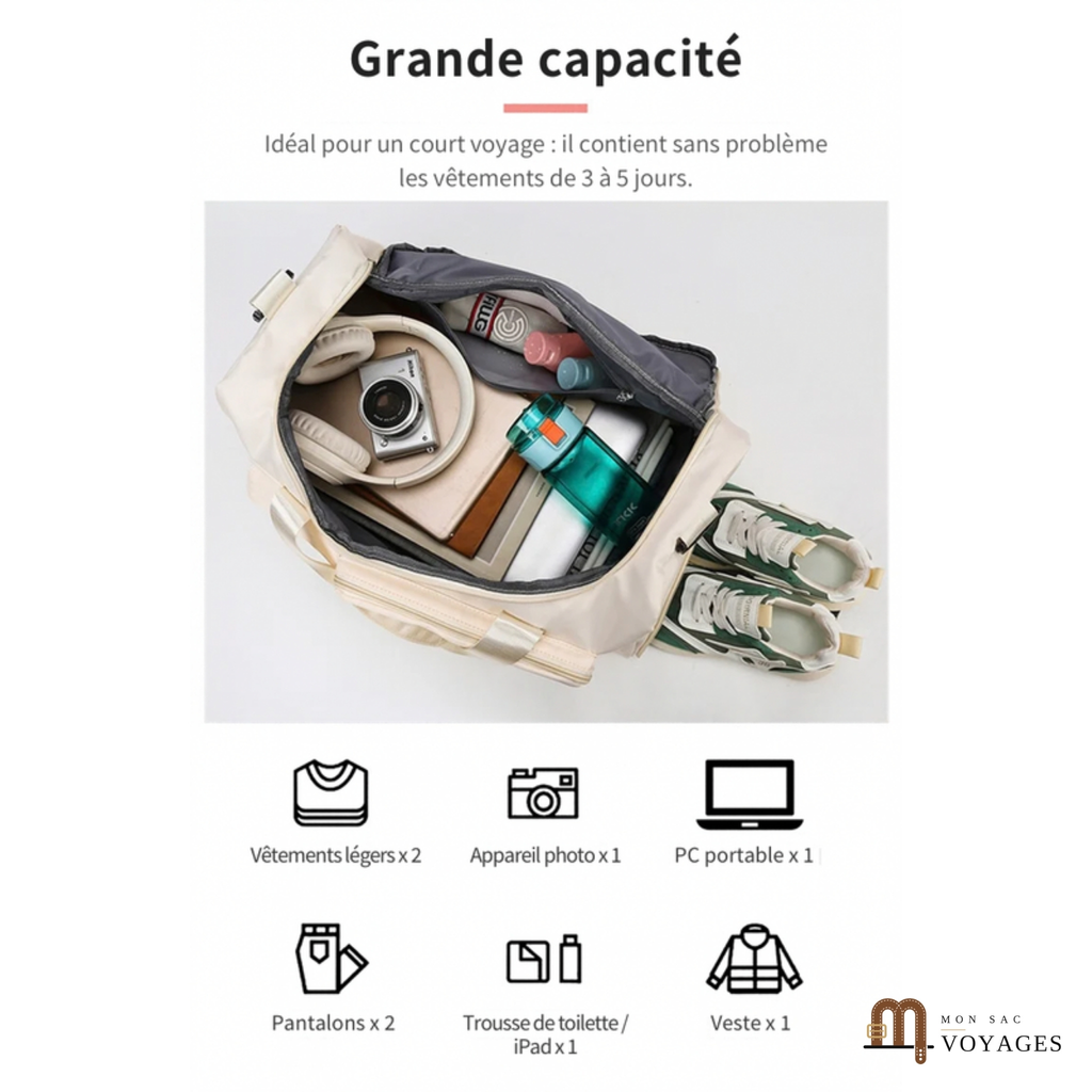 Sac de voyage week-end Capri ouvert avec vêtements, appareil photo, ordinateur portable et trousse de toilette