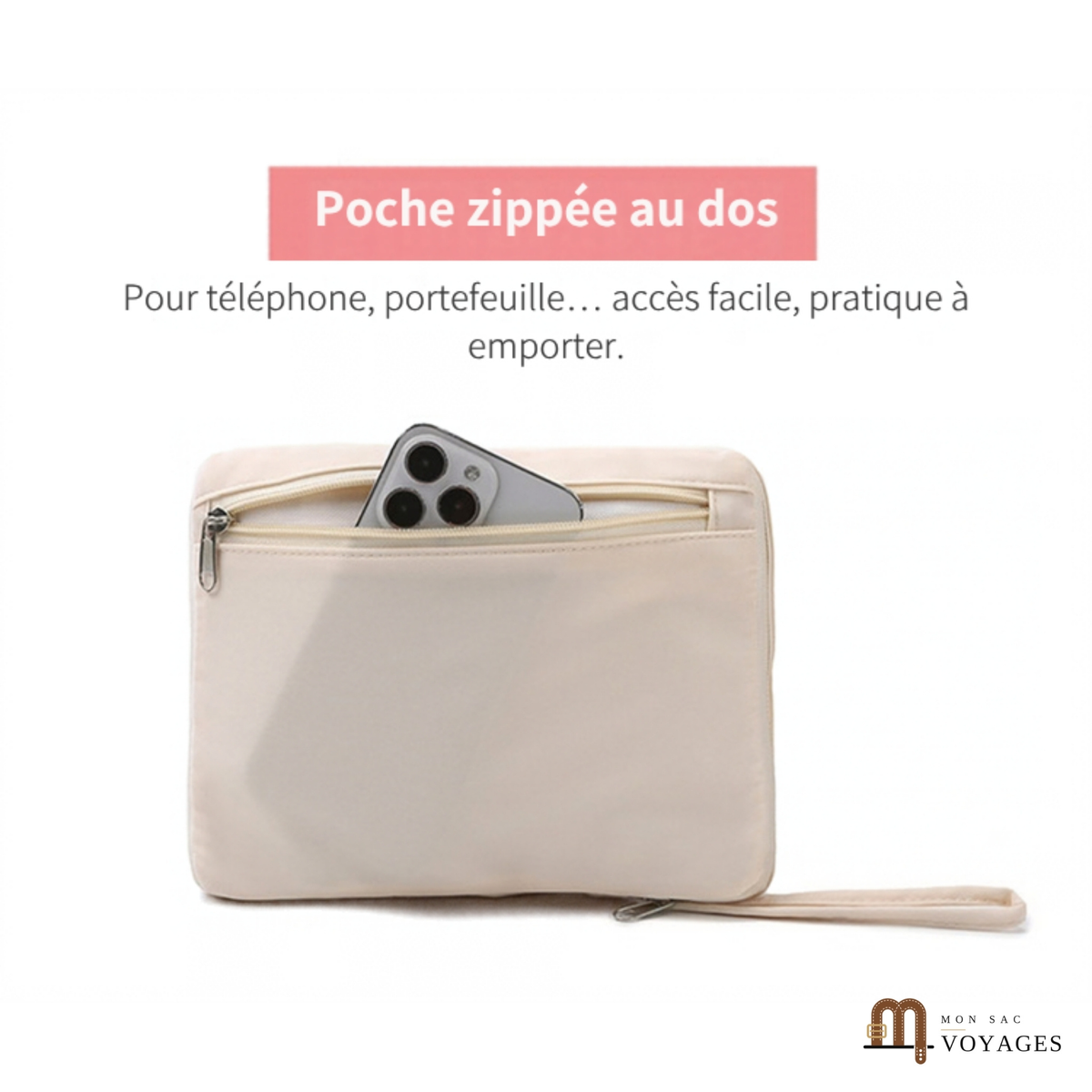 Poche zippée au dos du sac de voyage week-end Capri replié en pochette