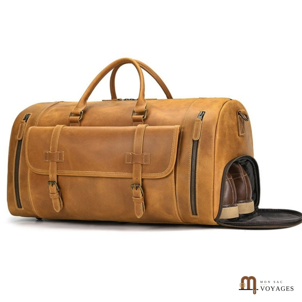 Sac week-end cuir homme Cognac avec compartiment chaussures ouvert